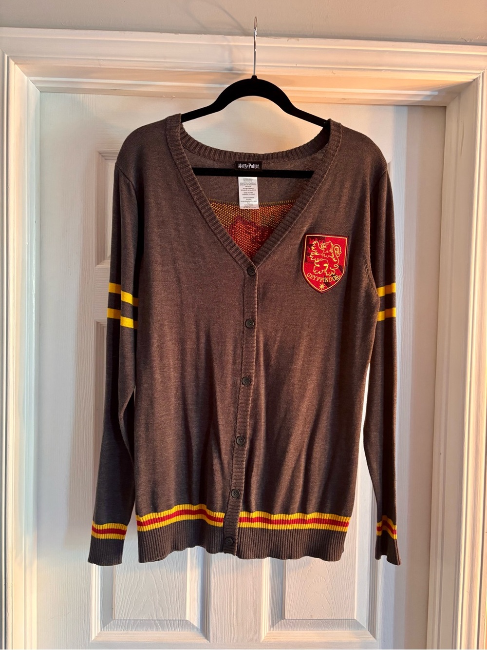 Dark Grey Button-Front Cardigan with Yellow Stripe Accents